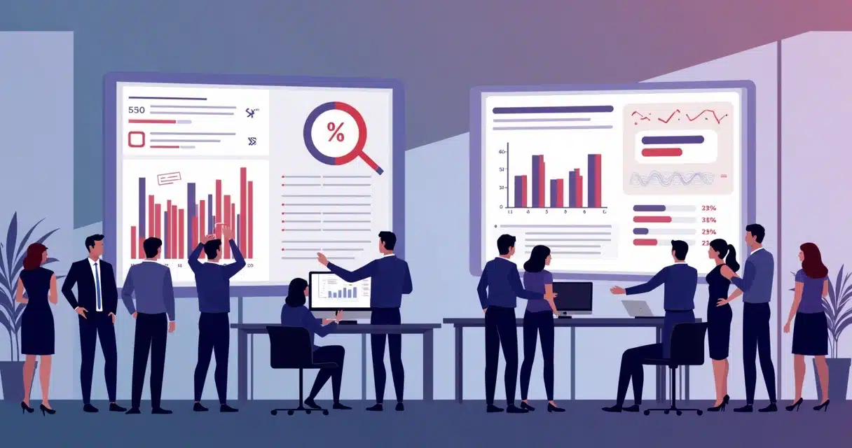 Ilustração plana de empresários analisando gráficos de comissão com símbolos de erro e gráficos de dados em telas