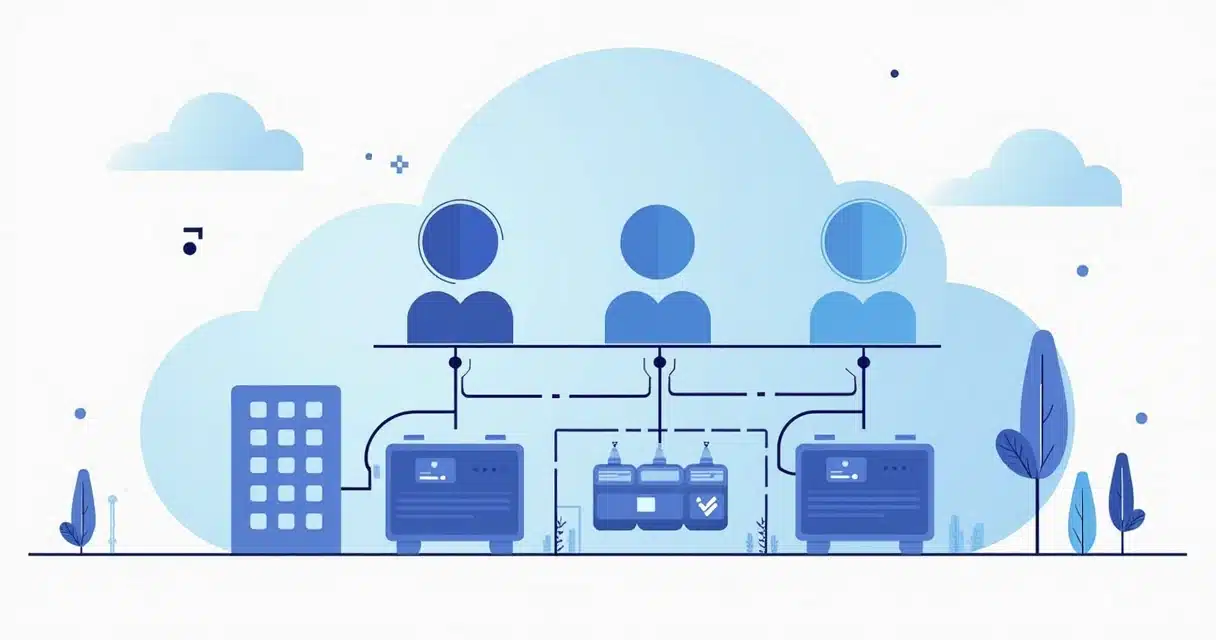 Illustration of multi-tenant architecture showing multiple users sharing cloud resources securely with data flow and cloud containers