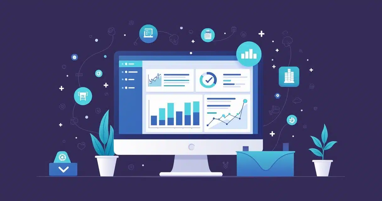 Corporate illustration of a partner portal dashboard showing channel attribution with charts, commissions, leads, and engagement tools on screen