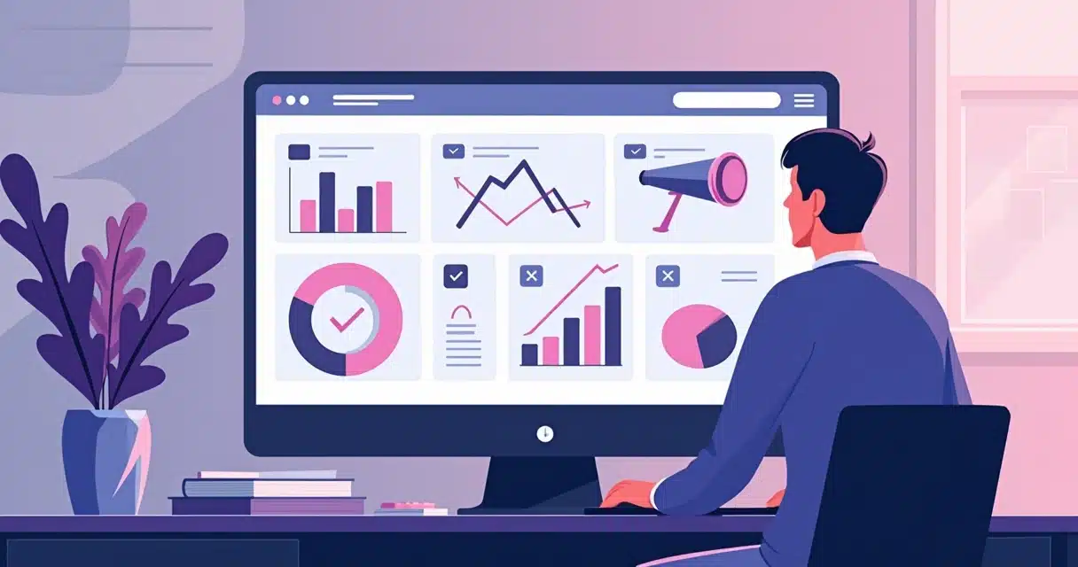 Corporate flat illustration showing a person configuring complex commission rules on a large screen with visual flowcharts and graphs in purple and blue tones