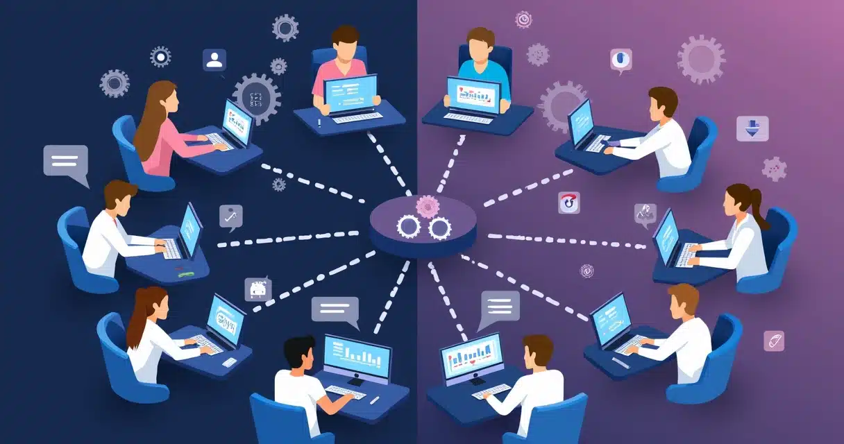 Illustration of decentralized sales channels with multiple teams and digital dashboards connected by lines and icons