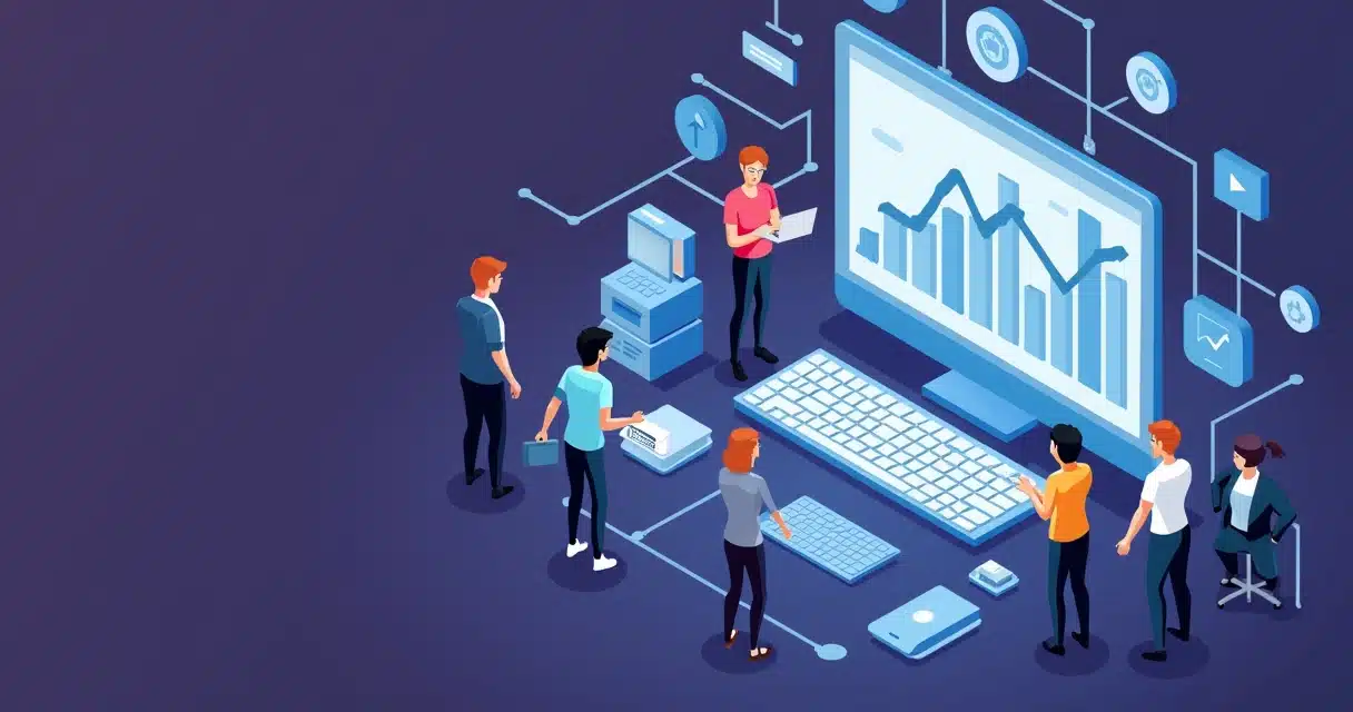 Illustration of businesspeople collaborating with digital charts showing revenue growth and partner connections