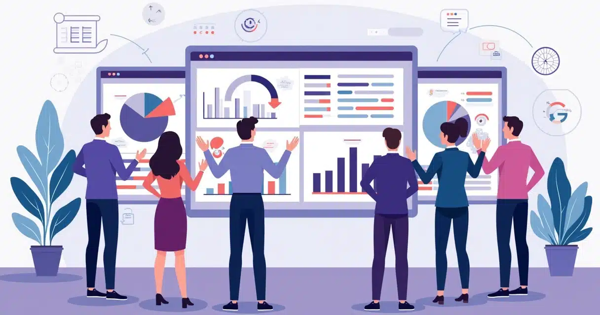 Flat illustration of marketing professionals analyzing ROI dashboards with charts and graphs