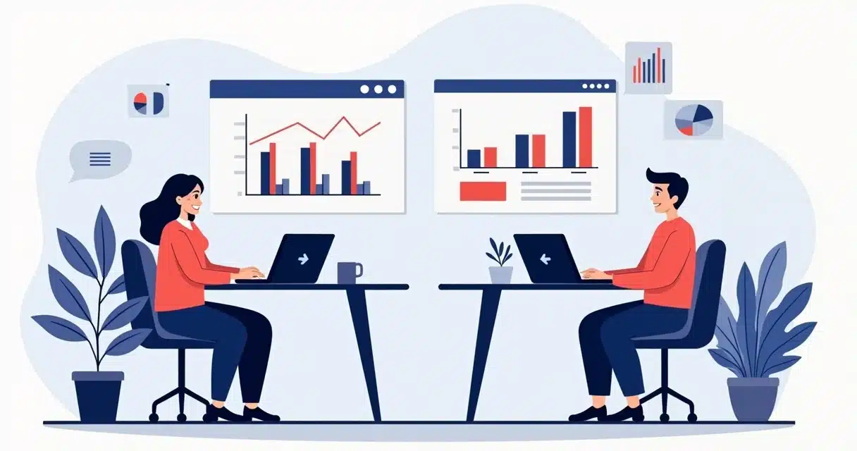 Illustration comparing sales channel team and internal sales team with business metrics and charts