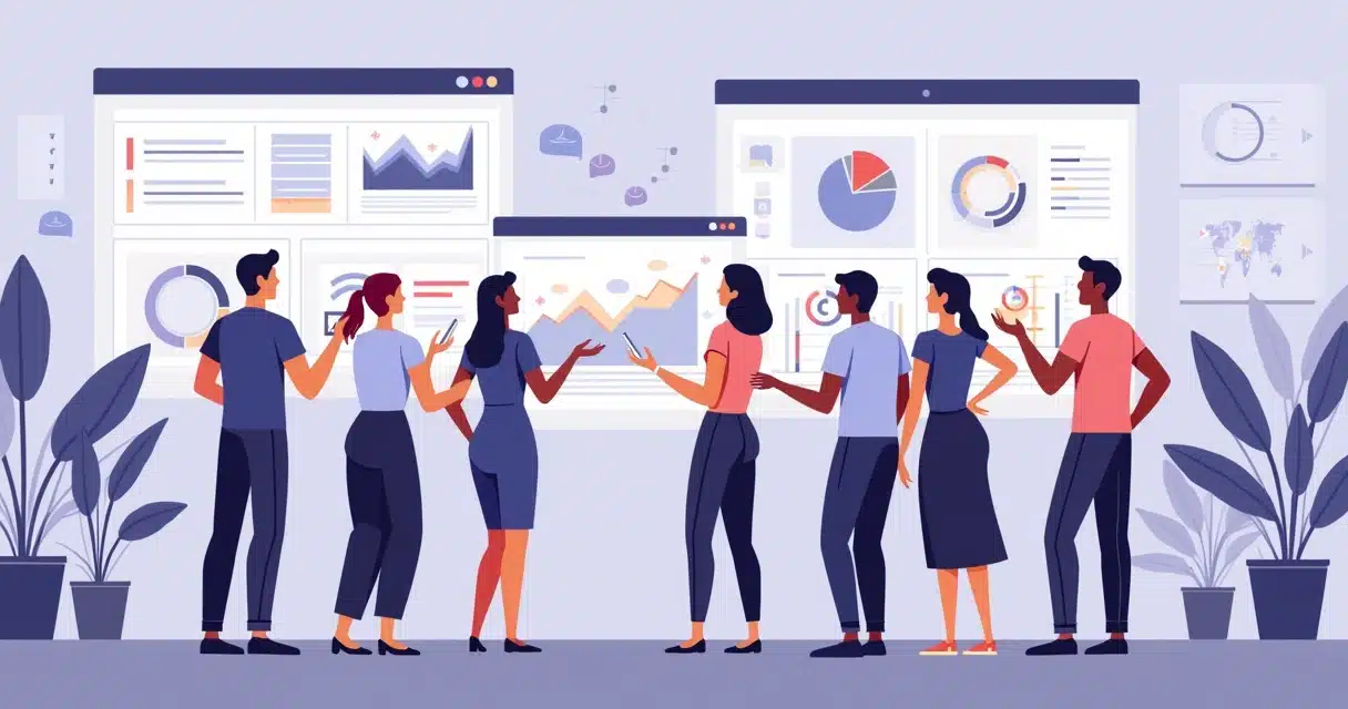 Ilustração corporativa plana mostrando análise de critérios para identificar parceiros que geram leads de qualidade, com gráficos, dashboards e pessoas em reunião