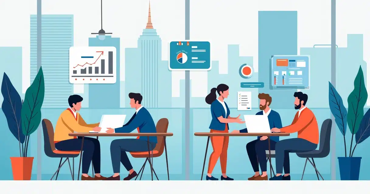 Ilustração corporativa mostrando comparação entre marketplace de parcerias e consultoria com elementos de gráficos, pessoas e conectividade