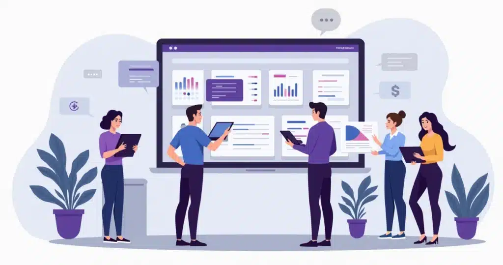 Ilustração corporativa flat de equipe de vendas usando plataforma digital para atualizar status de leads com parceiros de forma rápida e integrada