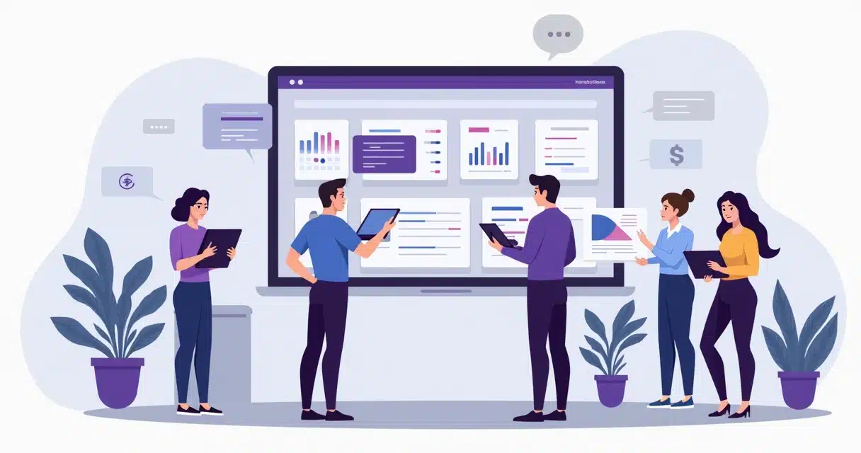 Ilustração corporativa flat de equipe de vendas usando plataforma digital para atualizar status de leads com parceiros de forma rápida e integrada