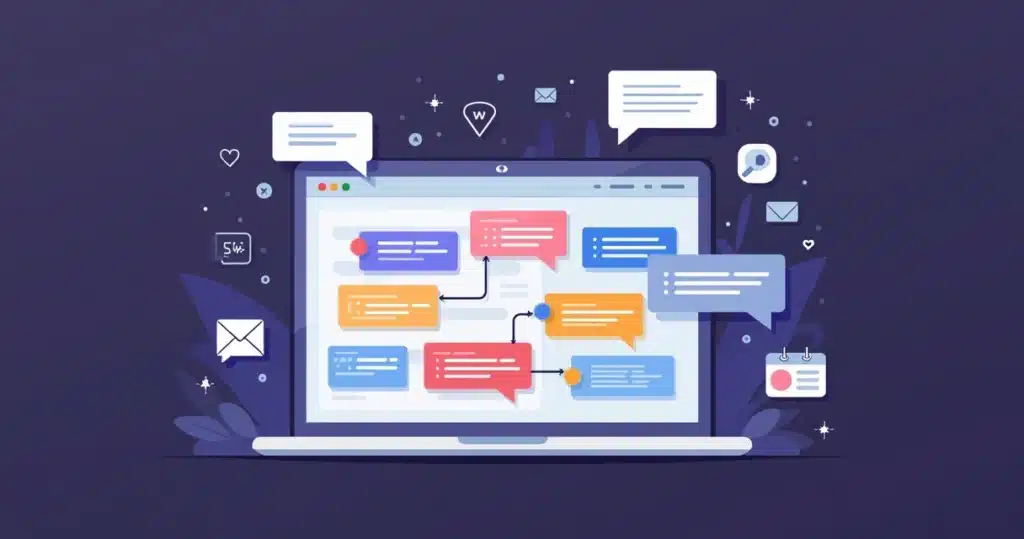 Ilustração corporativa plana mostrando histórico de interações com parceiros em uma plataforma digital organizada por datas e responsáveis