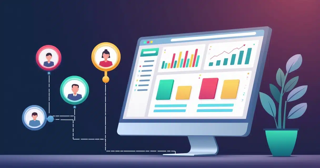 Painel de controle digital mostrando status de leads com gráficos e ícones de parceiros conectados