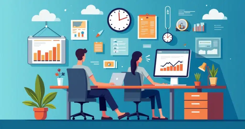 Por que construir um PRM interno pode travar seu SaaS Ilustração corporativa mostrando equipe de TI trabalhando em desenvolvimento de sistema com desafios visuais de tempo, custo e manutenção