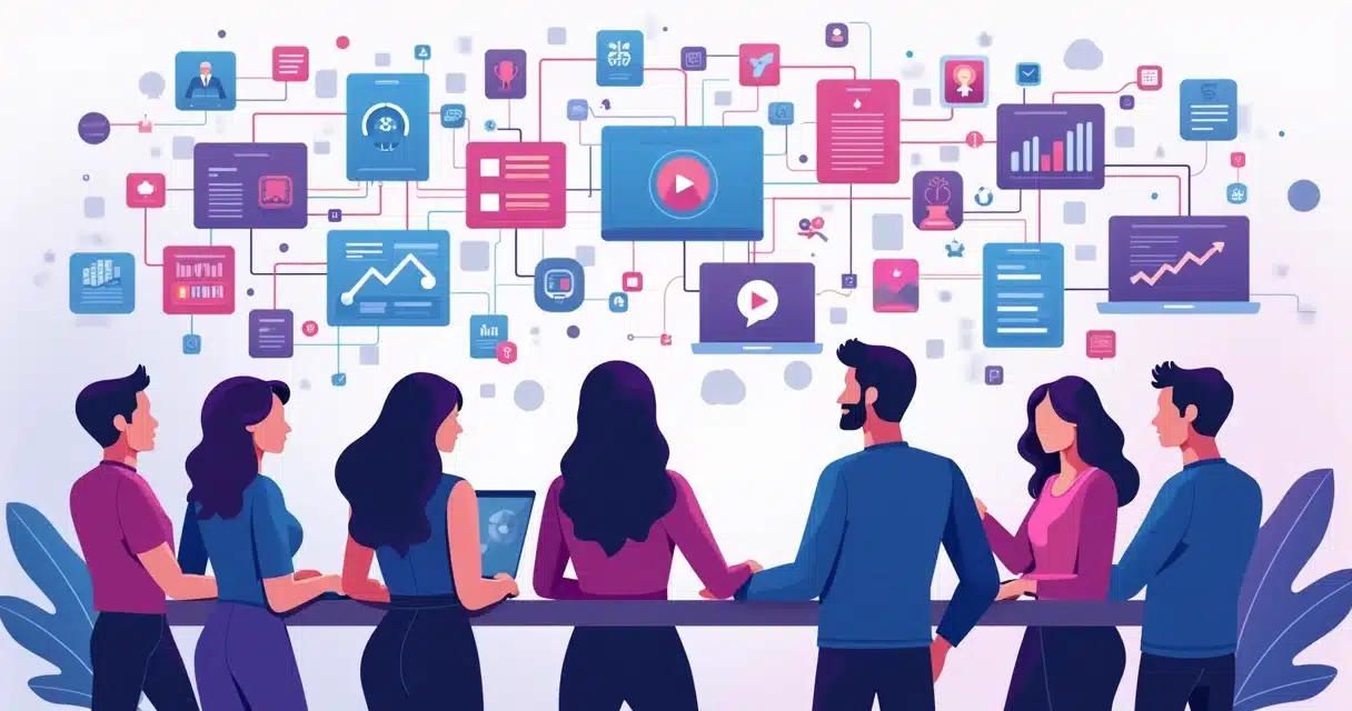 Ilustração corporativa mostrando parceiros de canais SaaS conectados, gamificação, performance e reconhecimento em painel digital colorido