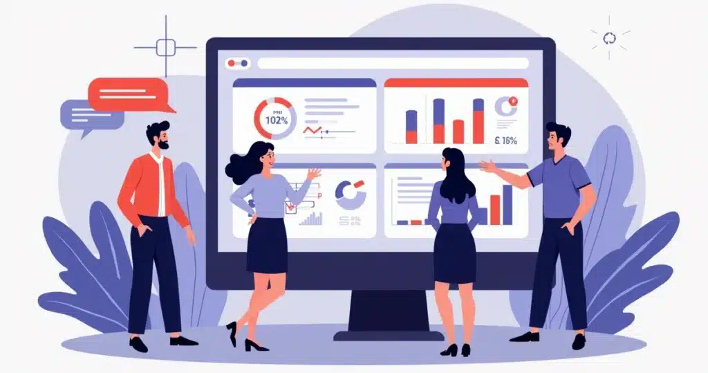 Equipe de vendas integrando plataforma PRM com gráficos de performance ao fundo
