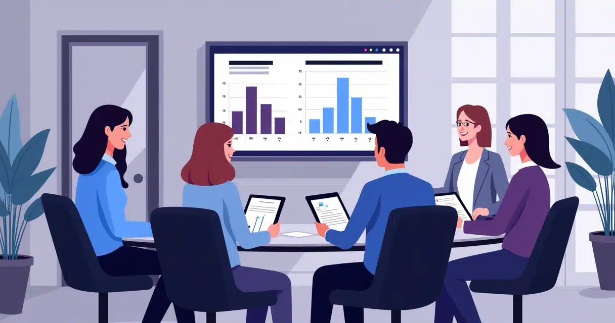 Ilustração corporativa de reunião entre equipe de vendas e parceiros discutindo feedback estruturado com gráficos e anotações digitais