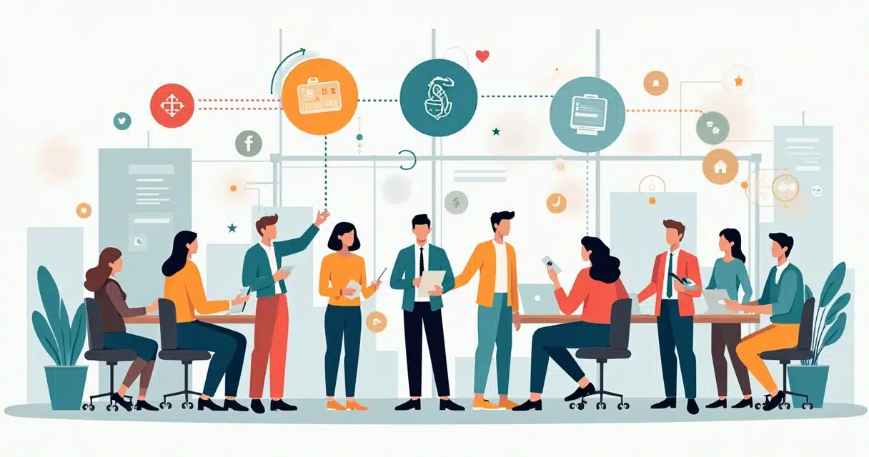 Ilustração corporativa mostrando fluxo de gestão de leads entre equipes e parceiros com ícones de duplicidade e organização