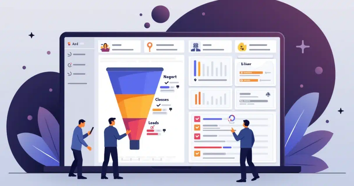 Ilustração de funil visual com controle de tarefas e progresso em plataforma PRM