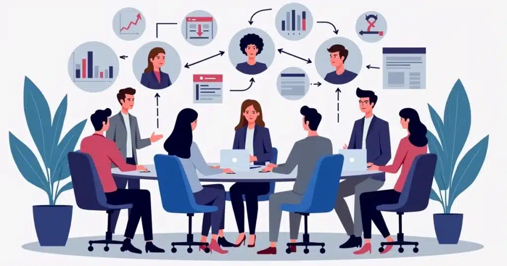 MDF em programas de canal: como usar e captar mais parceiros Ilustração corporativa plana mostrando gestores negociando fundos de desenvolvimento de mercado para parceiros com gráficos e computadores