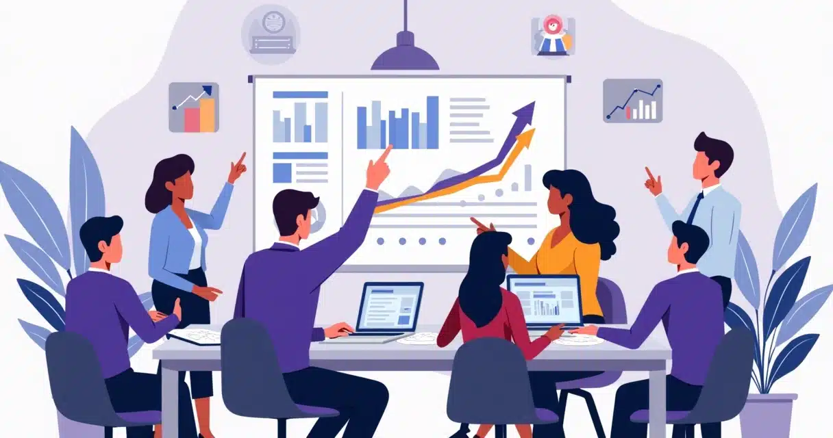 Ilustração corporativa em estilo flat mostrando uma equipe colaborando em mesa de reunião com gráficos, documentos e computadores, representando gestão de negociações em canais de parcerias