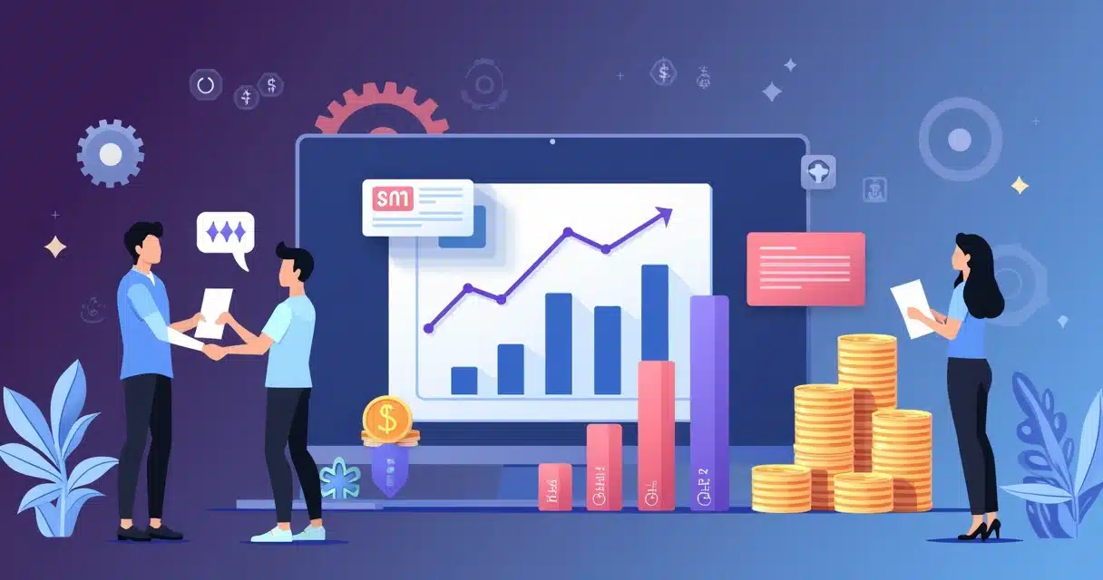 Ilustração corporativa flat de gráficos de performance, moedas, parceiros e tabelas de comissionamento em fundo roxo e azul