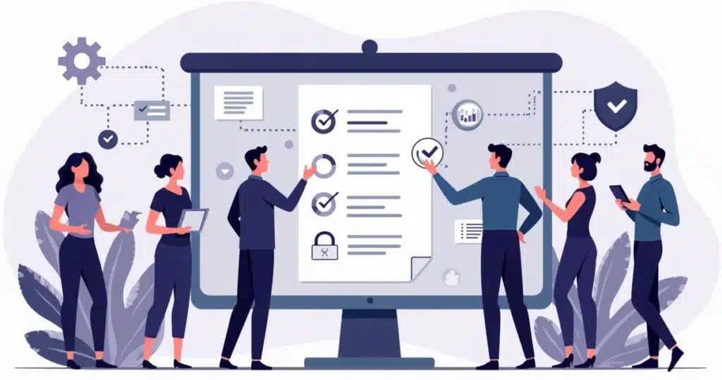 Ilustração corporativa com equipe conectando parceiros e usando ferramentas digitais para onboarding eficiente