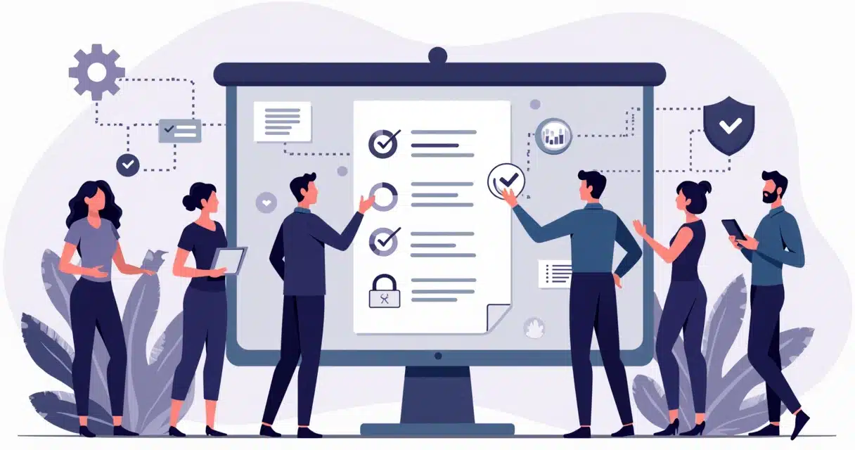 Ilustração corporativa com equipe conectando parceiros e usando ferramentas digitais para onboarding eficiente