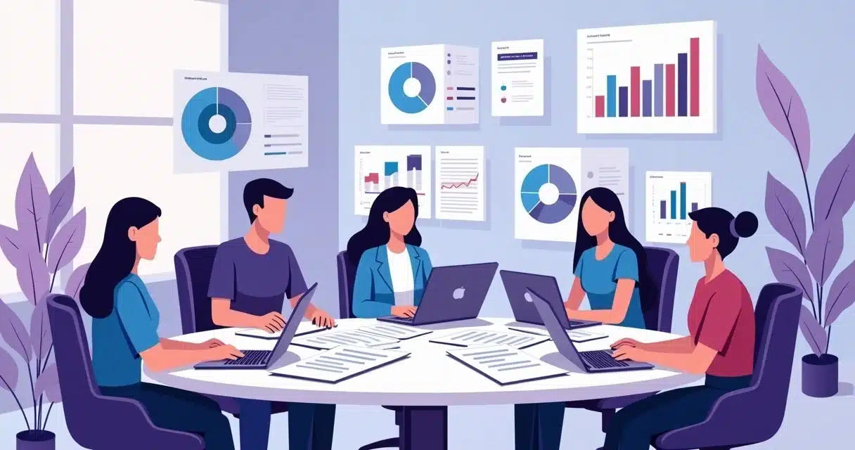 Ilustração corporativa flat mostrando uma equipe de parceiros organizada com documentos e gráficos de vendas em um espaço moderno e minimalista com cores roxo e azul