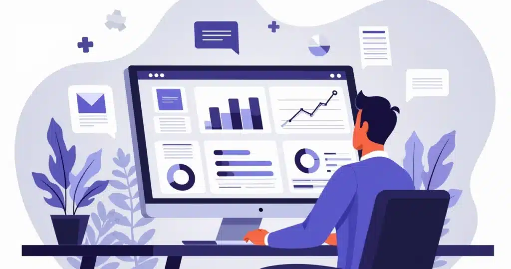 Ilustração plana corporativa de profissional montando painel de métricas para parcerias com gráficos, planilhas e indicadores em tela de computador