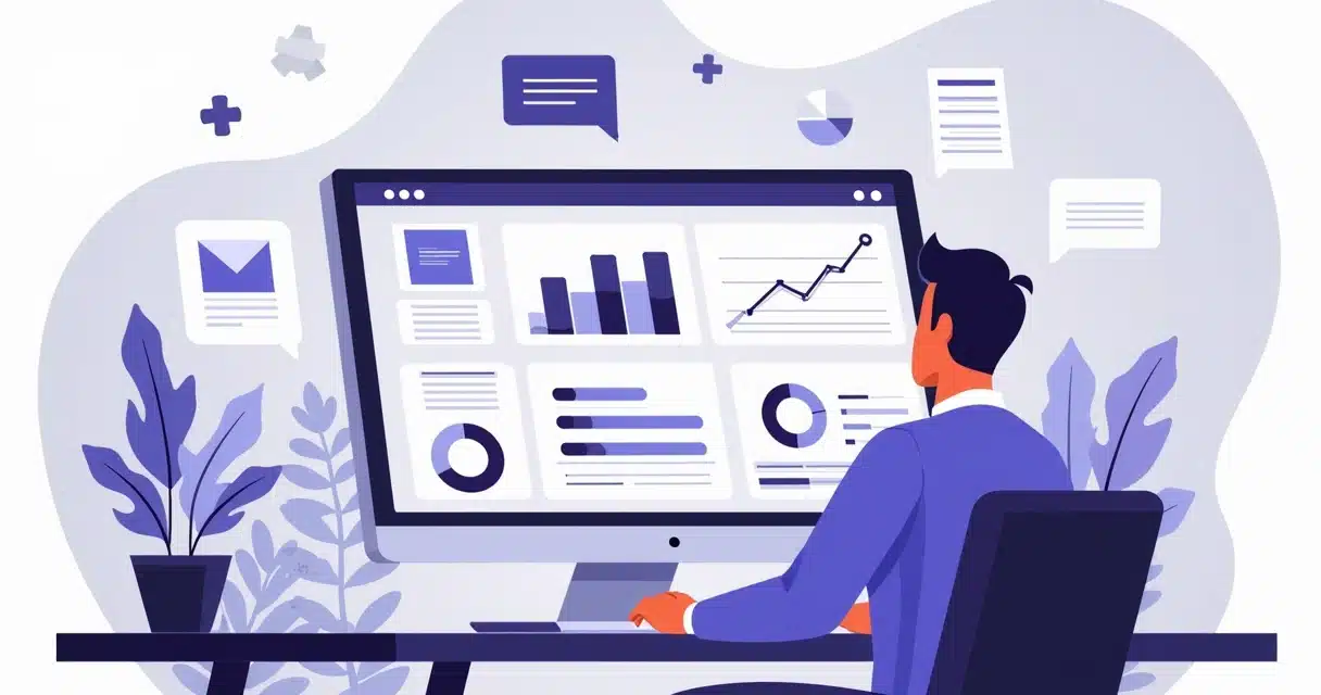 Ilustração plana corporativa de profissional montando painel de métricas para parcerias com gráficos, planilhas e indicadores em tela de computador
