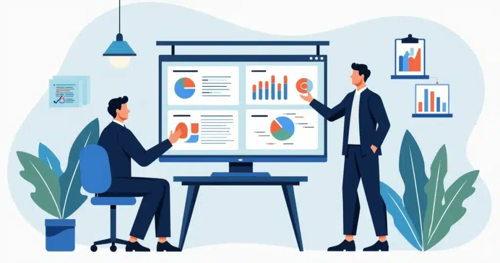 Lead Scoring por Parceiros: Plataformas Que Fazem Diferença Ilustração corporativa mostrando equipe de vendas analisando gráficos de lead scoring segmentados por parceiros em telas de computador