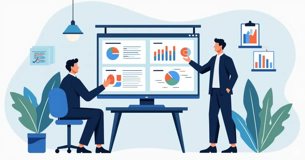 Ilustração corporativa mostrando equipe de vendas analisando gráficos de lead scoring segmentados por parceiros em telas de computador