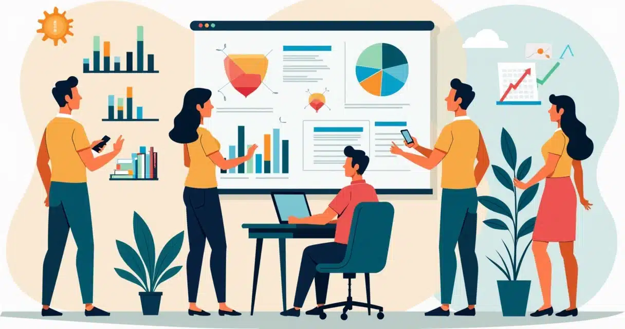 Ilustração corporativa mostrando equipe de vendas organizando prioridade entre leads de indicação e próspectos próprios com gráficos e fluxos coloridos