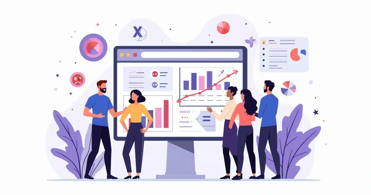 Ilustração corporativa de equipe analisando painel digital com gráficos de origem de leads de parceiros