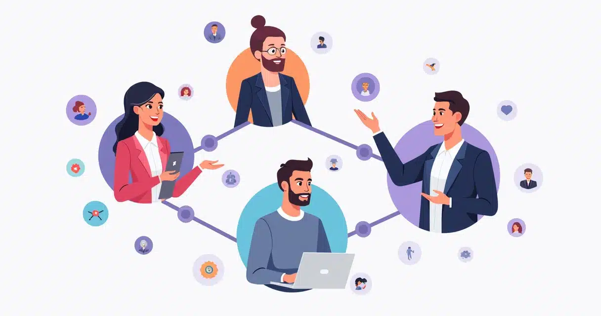 Ilustração corporativa mostrando quatro diferentes tipos de parceiros de negócio conectados em rede, cada um representado com ícones distintos e cores vibrantes, sobre fundo branco com detalhes em rox