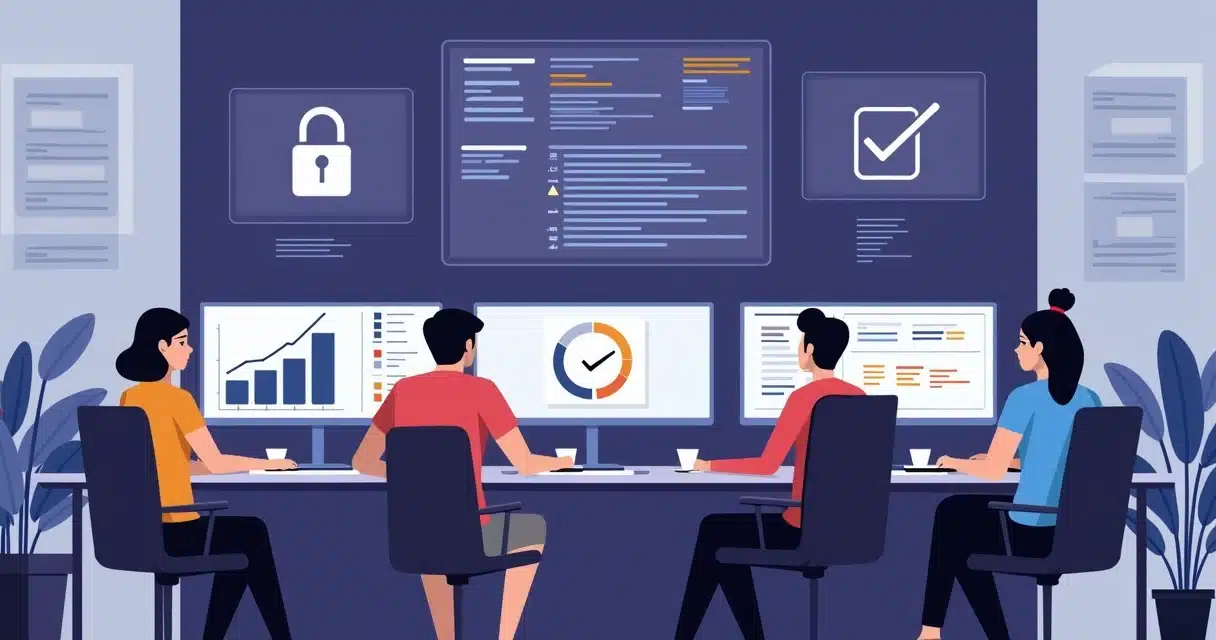 Ilustração corporativa em estilo flat mostrando equipe de SDR analisando dados de leads de parceiros em telas digitais com gráficos e ícones de verificação e alerta