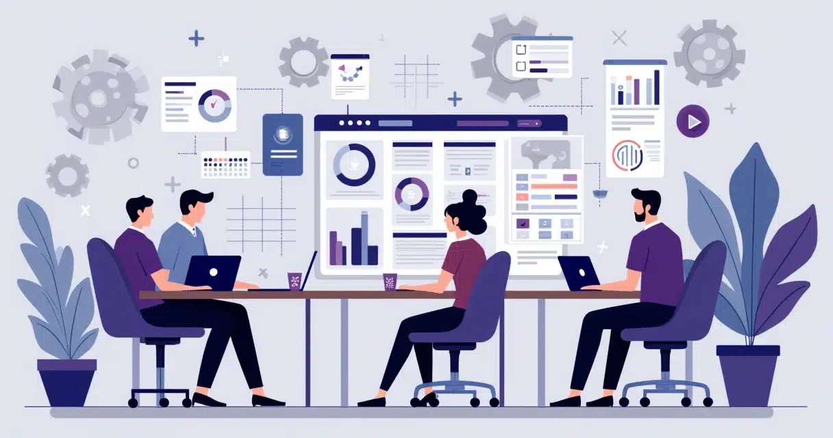 Ilustração corporativa plana mostrando integração de workflows automatizados em vendas e PRM