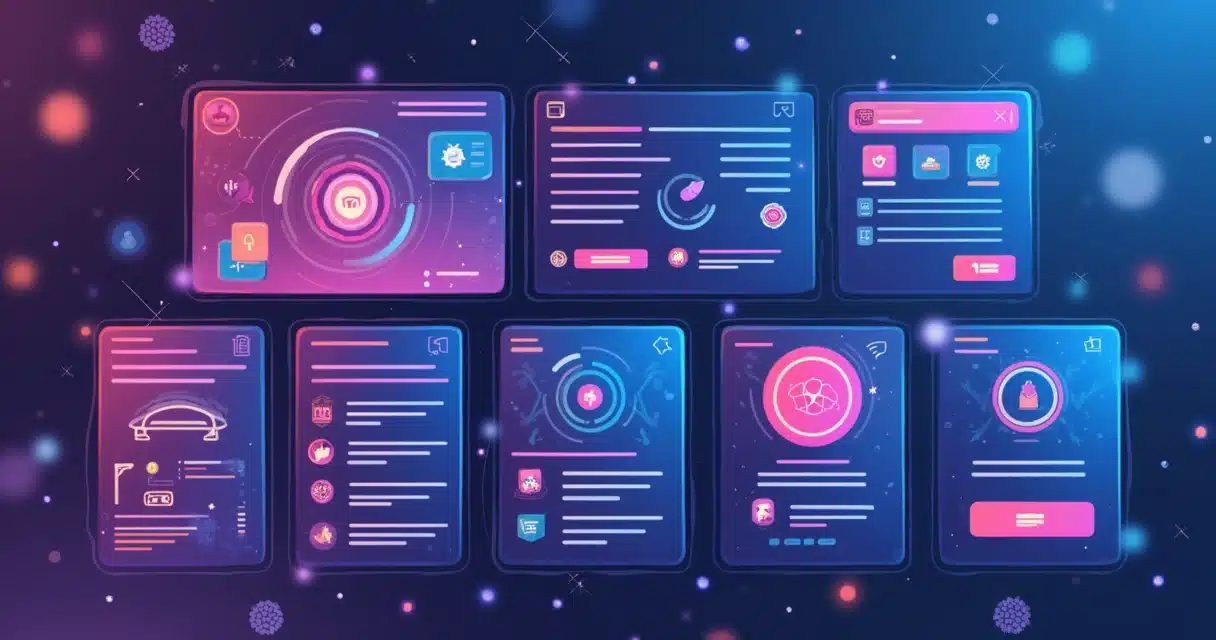 Illustration of a digital platform dashboard showing missions, badges, and immersive gamification experiences in purple and blue tones
