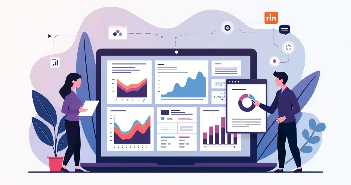 Flat illustration of a digital dashboard showing automated partnership reports with charts and graphs on a laptop screen