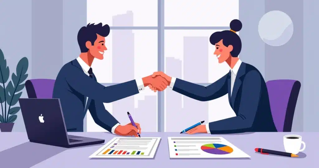 Two business partners shaking hands over a signed agreement with contract documents and digital charts on a table