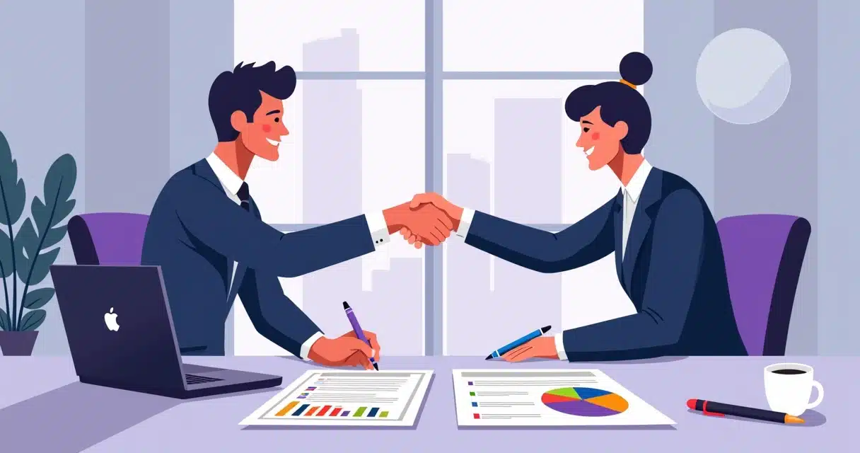 Two business partners shaking hands over a signed agreement with contract documents and digital charts on a table