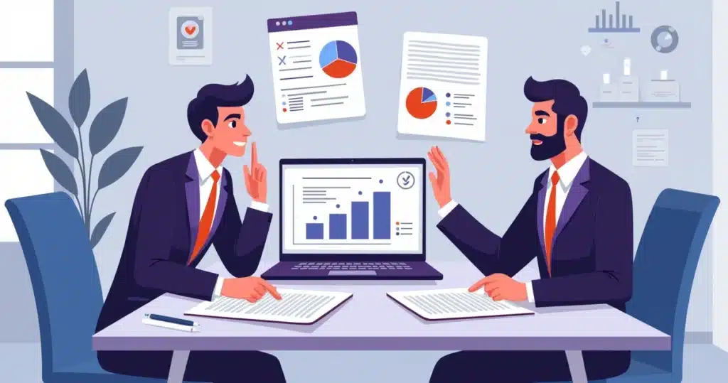 Ilustração corporativa mostrando cálculos de markup e margem com gráficos e parcerias