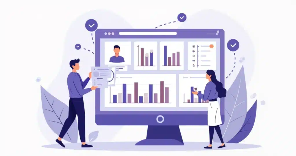 Corporate flat illustration of a partner channel dashboard with charts, graphs, and performance metrics in purple and blue tones