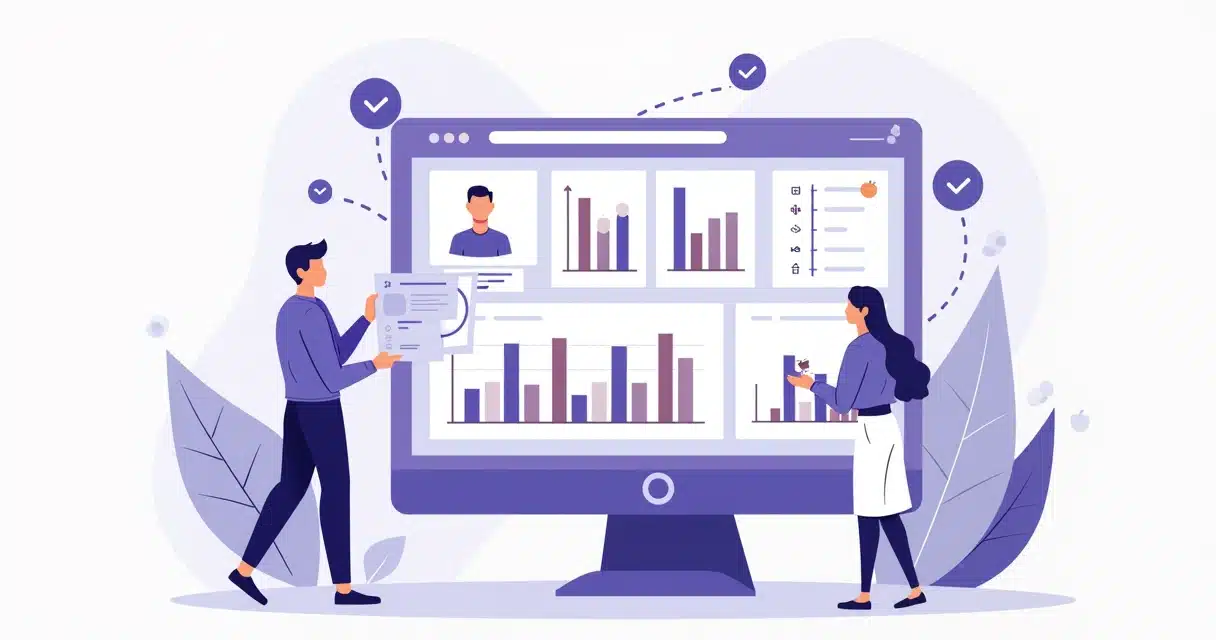 Corporate flat illustration of a partner channel dashboard with charts, graphs, and performance metrics in purple and blue tones