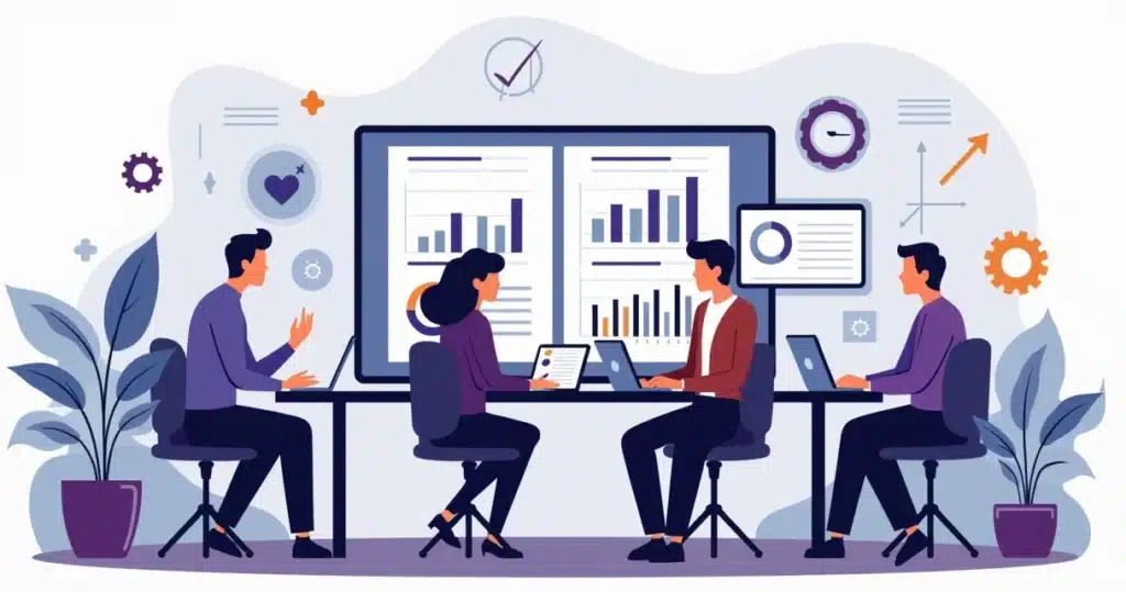 Manutenção contínua: como evoluir seu programa de canais ano após ano Flat illustration of a diverse team analyzing charts and metrics on multiple screens showing channel program growth and partner engagement