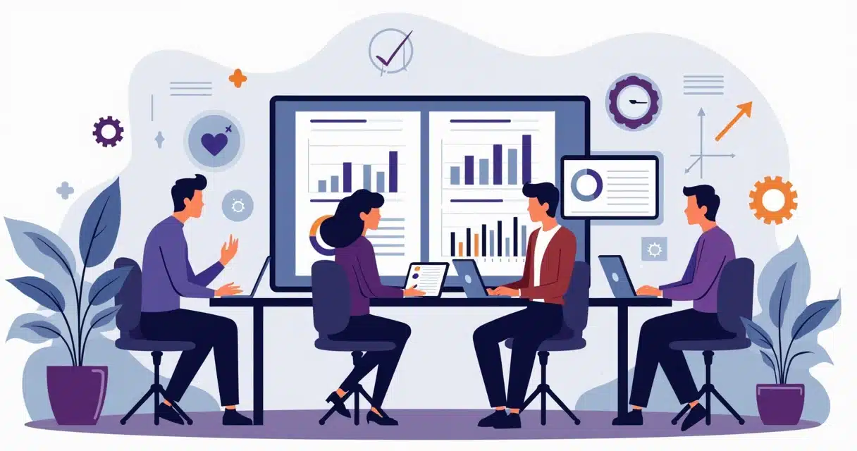 Flat illustration of a diverse team analyzing charts and metrics on multiple screens showing channel program growth and partner engagement