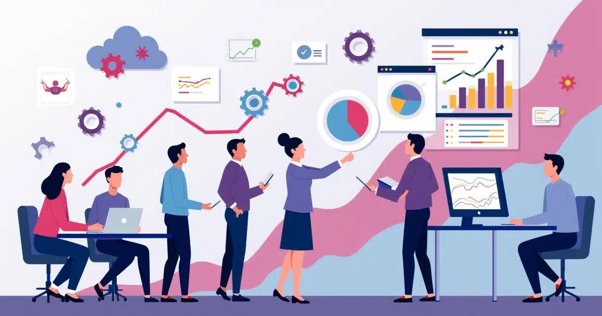 Ilustração corporativa plana mostrando crescimento escalável com equipe de parcerias, gráficos, tecnologia e automação