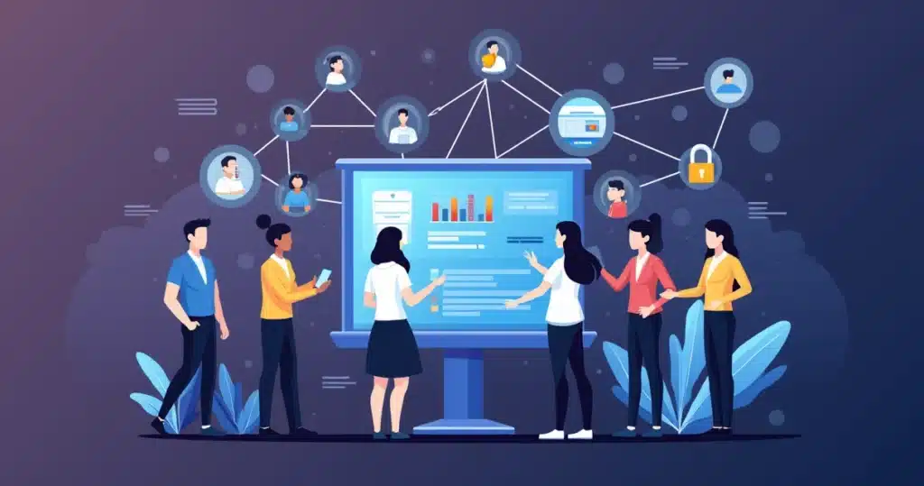 Como Estruturar Uma Governança de Dados em Redes de Parceiros Flat illustration of a diverse business team managing data flows and security in a partner network with charts and locks