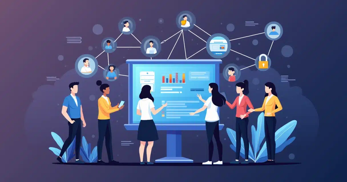Flat illustration of a diverse business team managing data flows and security in a partner network with charts and locks