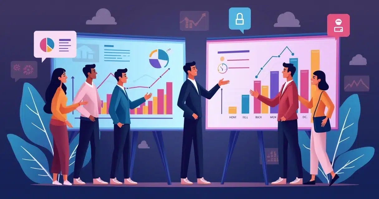 Ilustração corporativa plana mostrando uma equipe analisando dashboards de performance de programa de afiliados com gráficos coloridos em roxo e azul