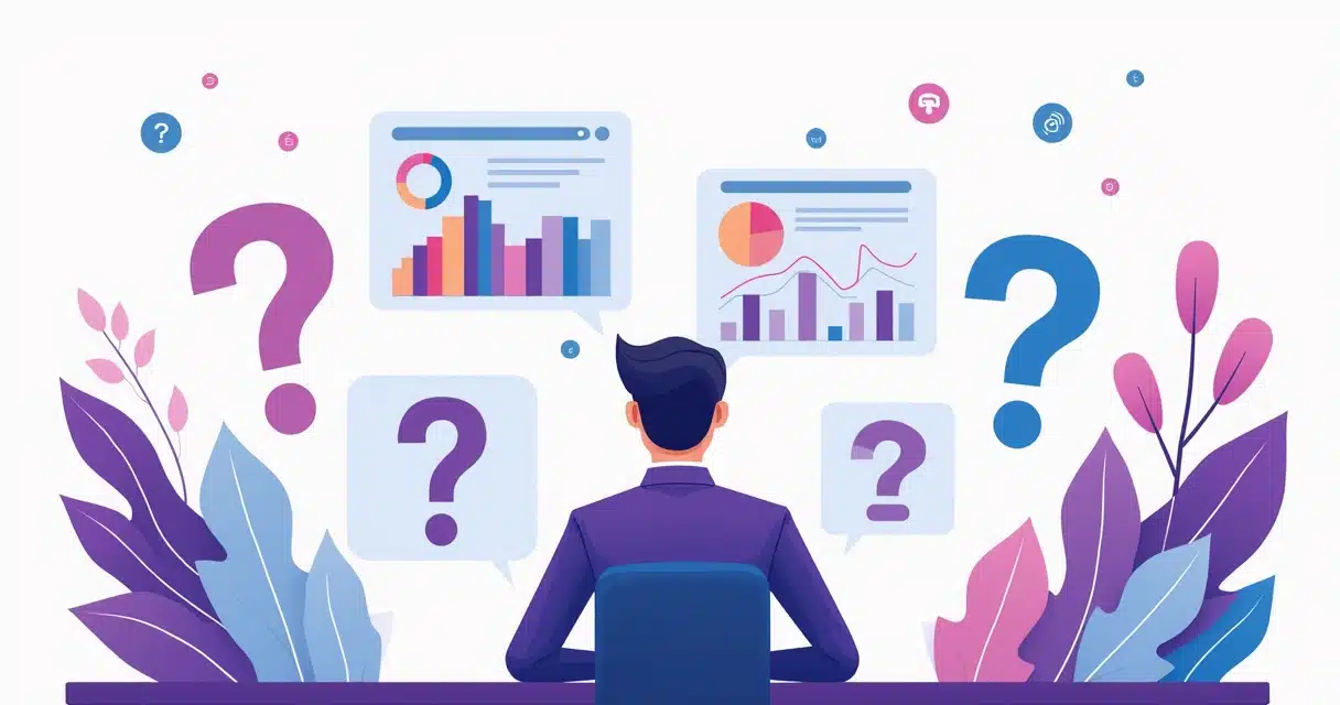 Illustration of a business manager surrounded by question marks and digital dashboards showing partner data and commissions