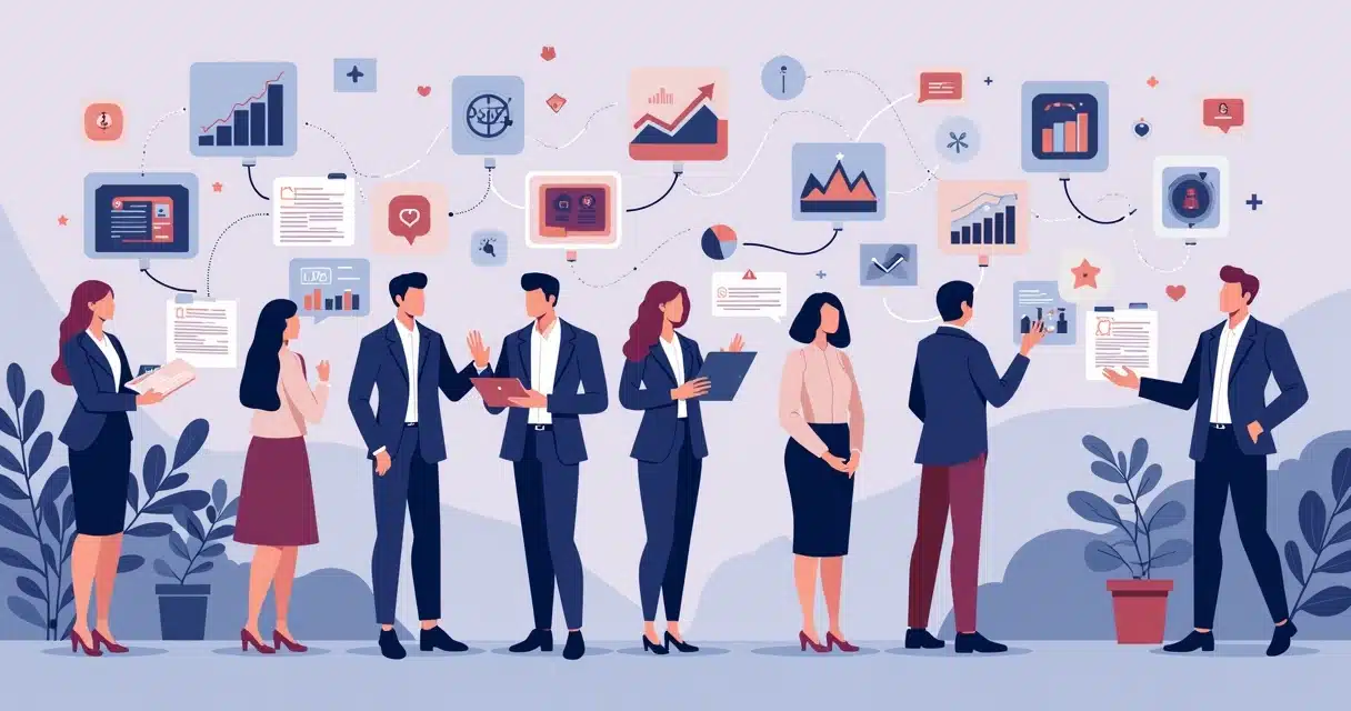 Ilustração flat corporativa mostrando diferentes tipos de parceiros empresariais conectados por linhas e gráficos de desempenho ao fundo